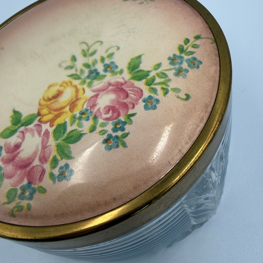 Vintage Art Deco Glass Vanity Cosmetic Makeup Jar Floral Lid Floral Pattern - Picture 5 of 11